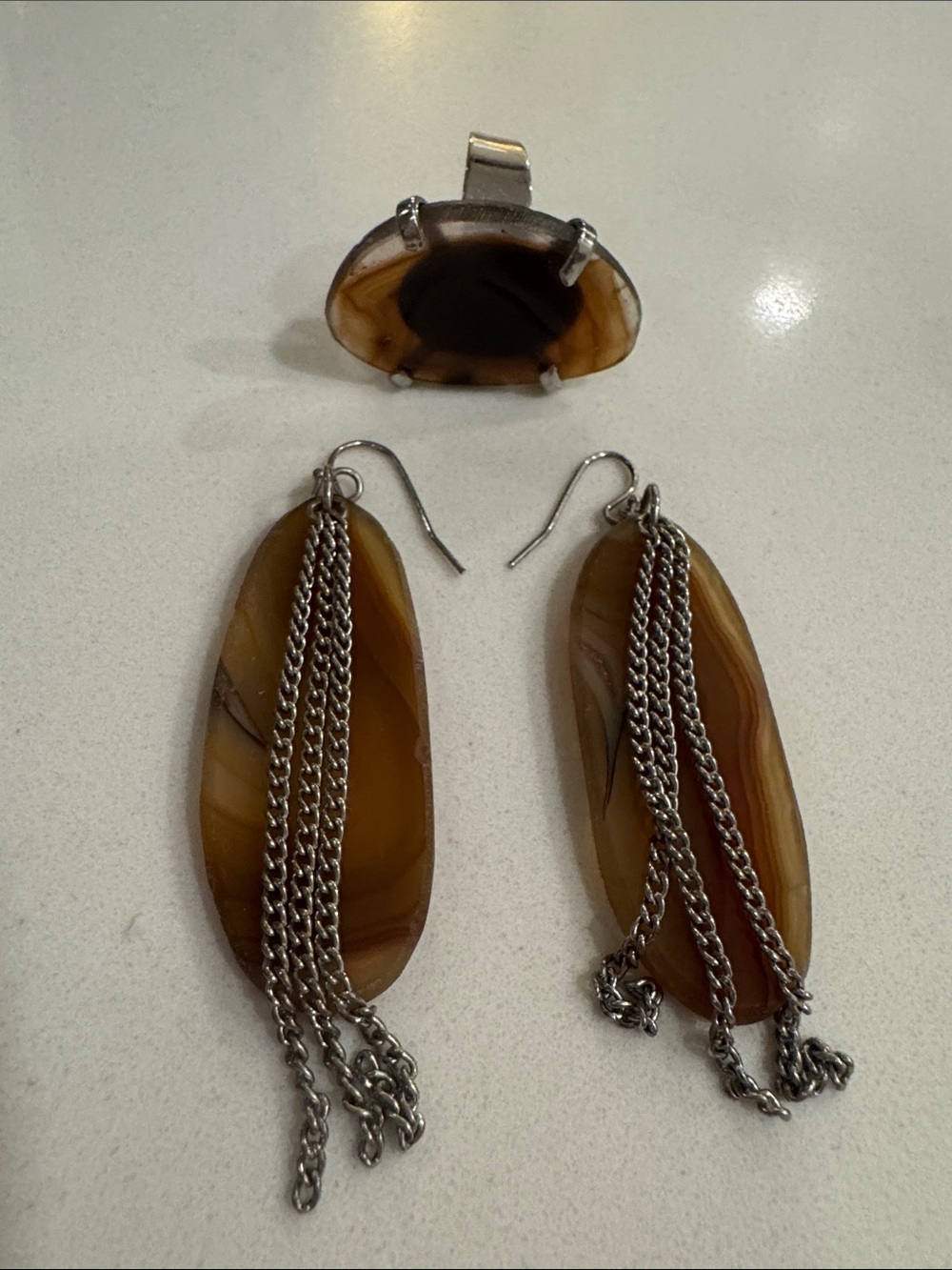 Brown Agate Drop Earrings and Ring Set with metal Chains